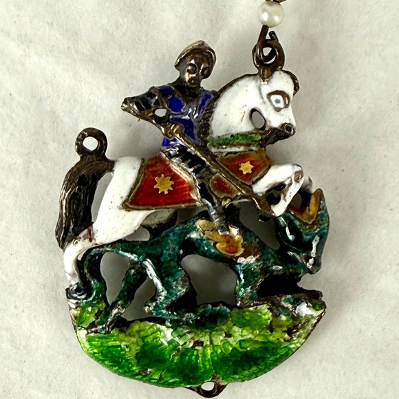 Antique Austro-Hungarian Pendent Silver w Colorful Enamel St George and Dragon - Picture 1 of 6